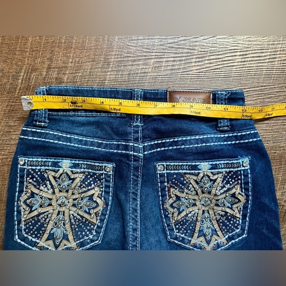 Y JEANS Los Angeles Y2K denim low rise flare distressed bling pockets cross 3/4 - Picture 4 of 15